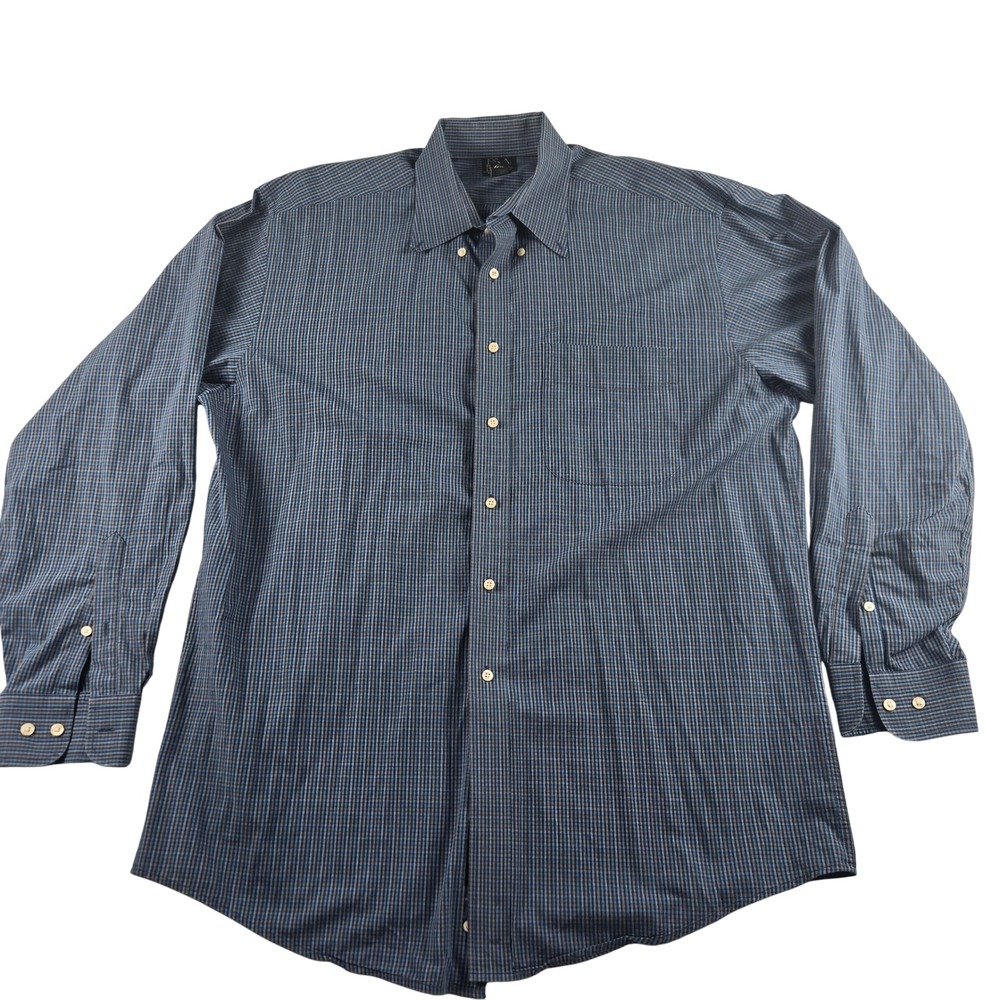 Jos A Bank Blue Plaid Dress‎ Shirt Men's Large Button Front Cotton Long Sleeve